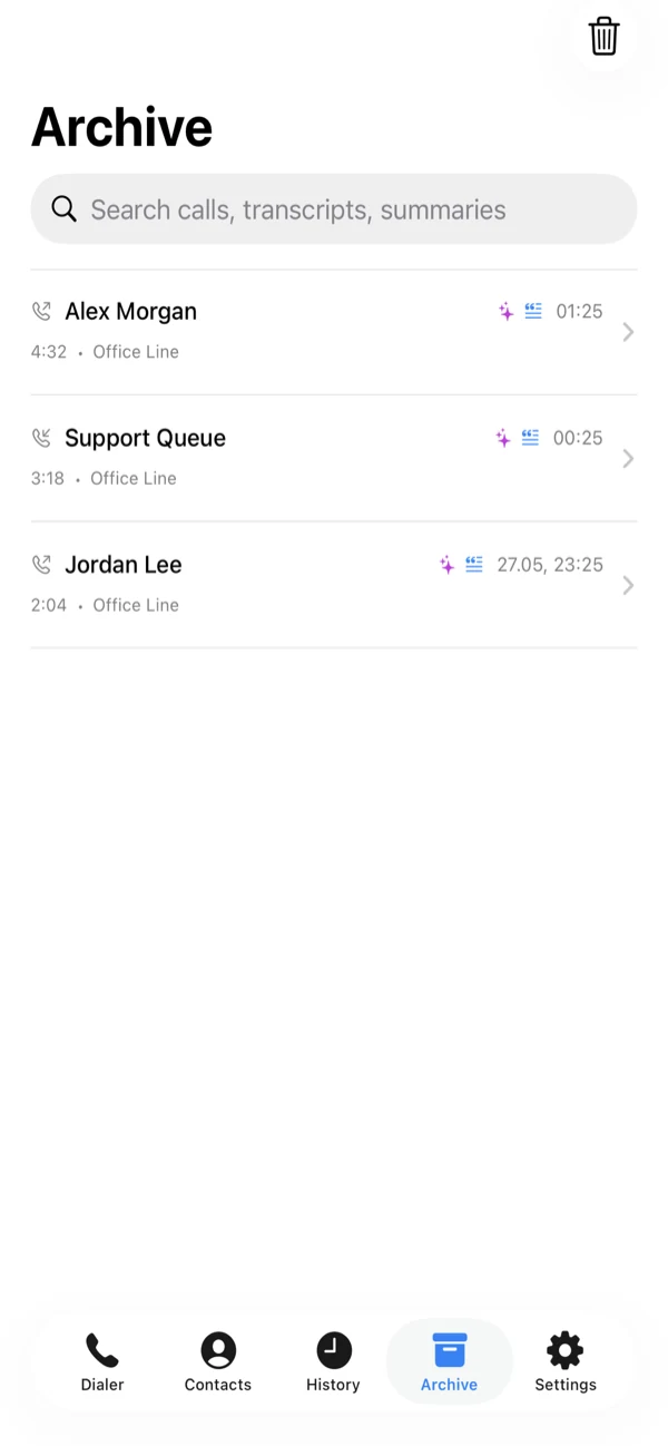 Searchable archive of calls with transcript and summary indicators