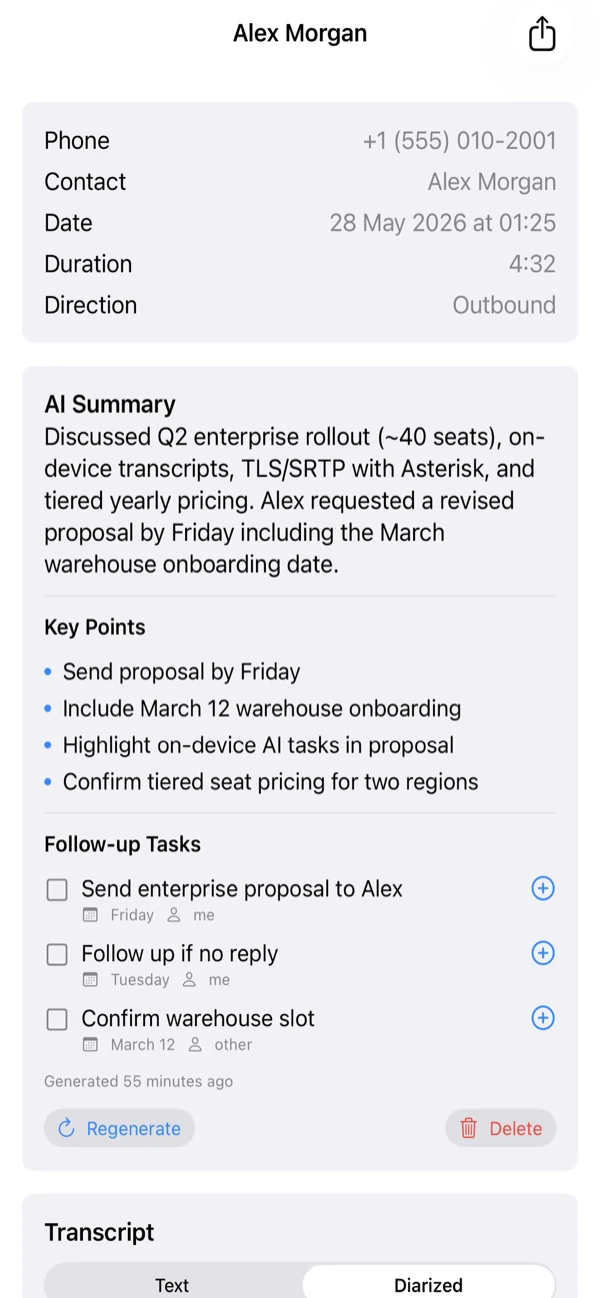 A real Callmar transcript with summary, key points and follow-up tasks