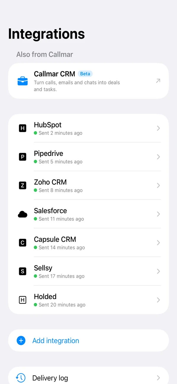 Callmar Integrations list with HubSpot, Pipedrive, Zoho, Salesforce and other CRMs