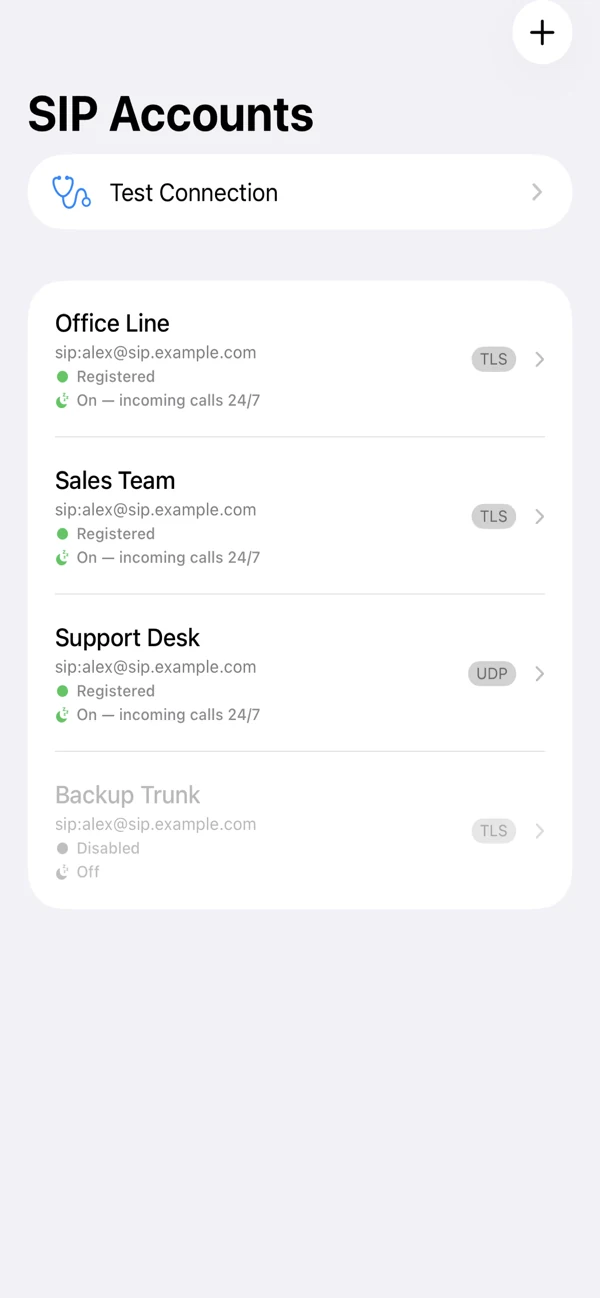 Callmar SIP Accounts screen showing registered lines and a disabled backup line