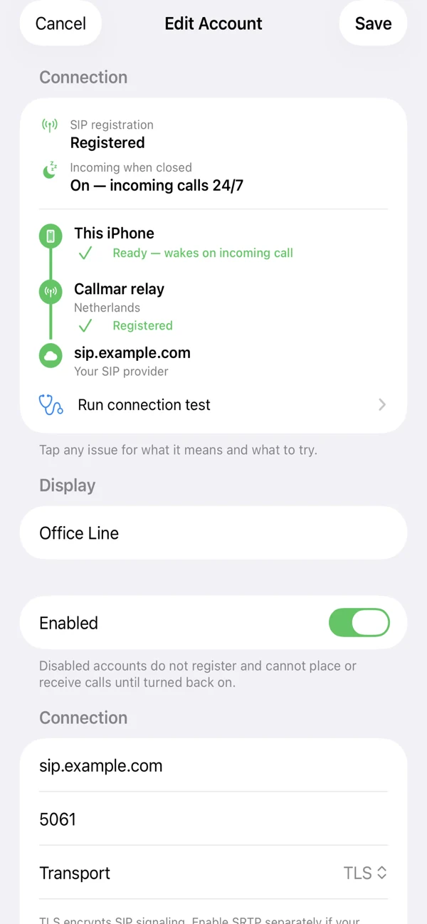 Callmar SIP account editor showing a registered line and its incoming-call path