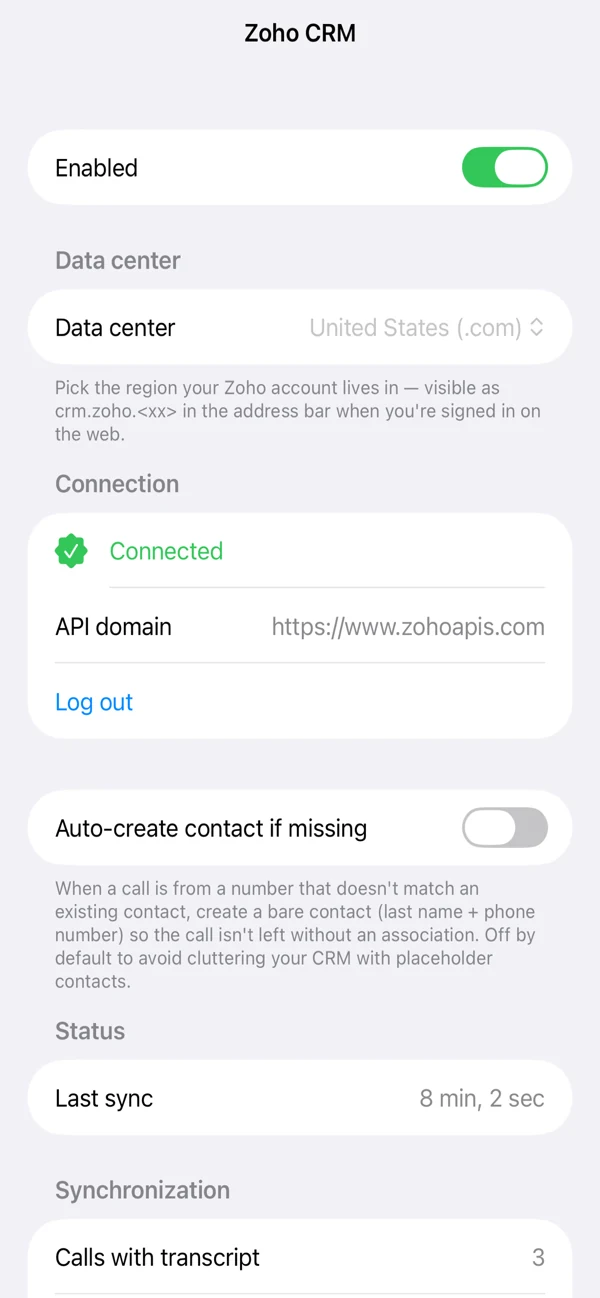 Callmar Zoho CRM integration screen showing connected status and last sync